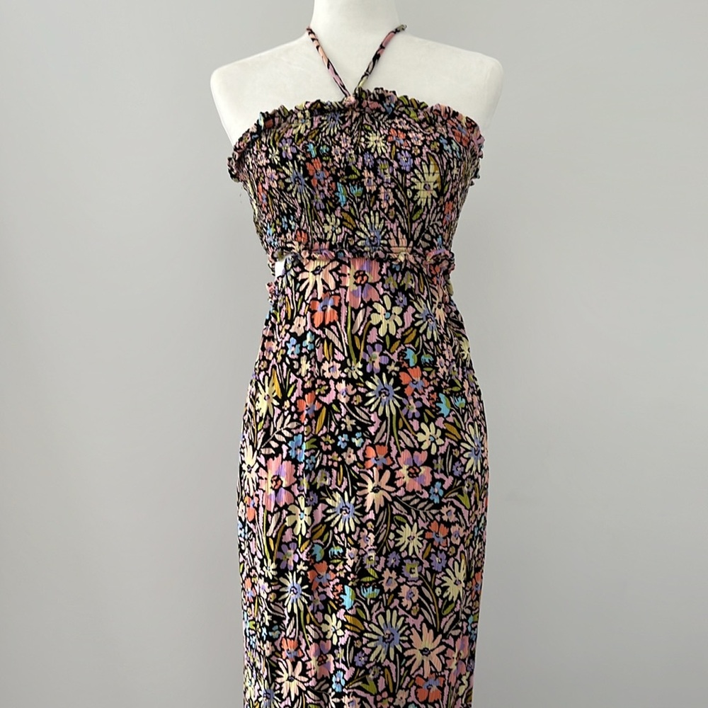 PROMESA flower bomb floral print smocked halter maxi dress black small - Picture 3 of 11